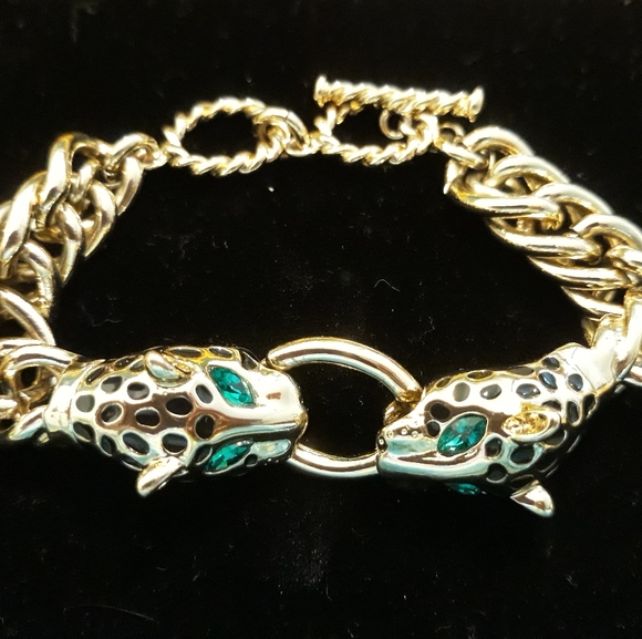 Vintage Double Leopard Head with Green Rhinestone Eyes Chunky Chain Bracelet - Picture 3 of 15